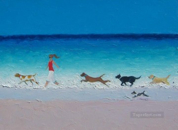 動物 Painting - ビーチで犬を走らせる女の子